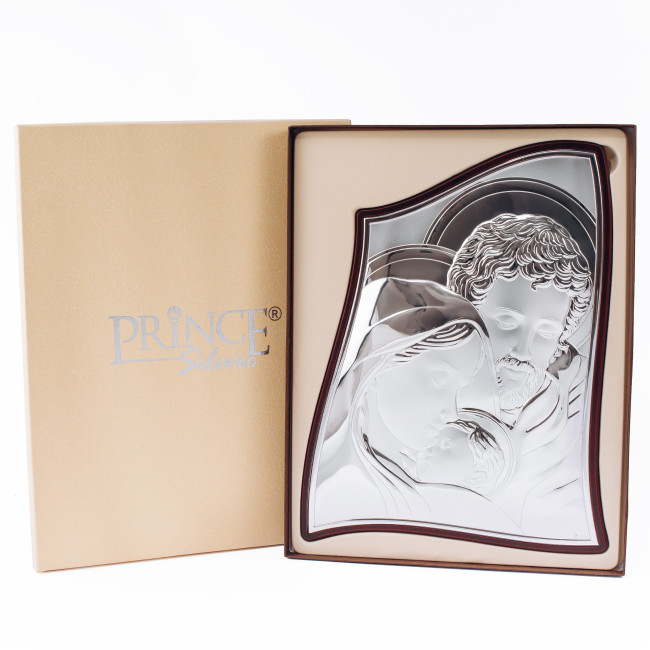 Срібна Ікона Святе Сімейство на коричневому дереві 21,5x29,5см