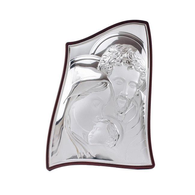 Срібна ікона Свята Сім'я 6х7,5см в італійському стилі іконографії у кіоті хвилястої форми