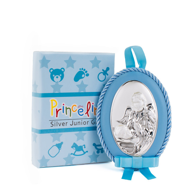 Серебряная детская иконка Ангел Хранитель 8х11 см на синей подушечке для мальчика