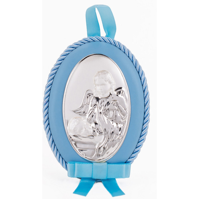 Серебряная детская иконка Ангел Хранитель 8х11 см на синей подушечке для мальчика