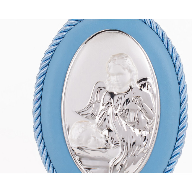 Серебряная детская иконка Ангел Хранитель 8х11 см на синей подушечке для мальчика