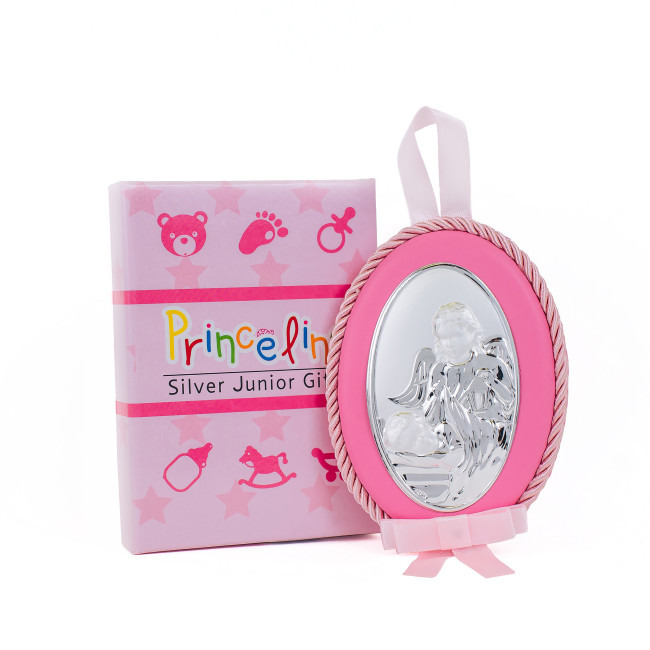 Срібна дитяча іконка Ангел Хранитель 8х11 см на рожевій подушечці для дівчинки