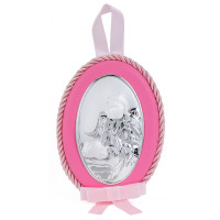 Серебряная детская иконка Ангел Хранитель 8х11 см на розовой подушечке для девочки