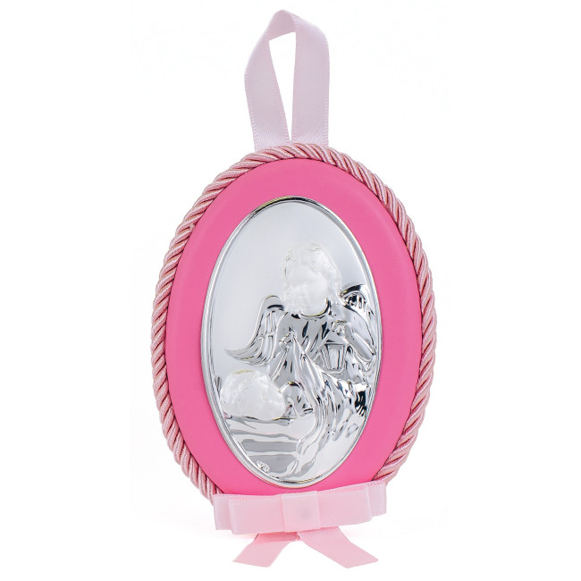 Срібна дитяча іконка Ангел Хранитель 8х11 см на рожевій подушечці для дівчинки