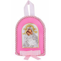 Детская Иконка на розовой подушечке Божья Матерь Кикская Милостивая 7х9см в серебре