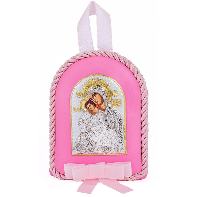 Детская Иконка на розовой подушечке Божья Матерь Кикская Милостивая 7х9см в серебре