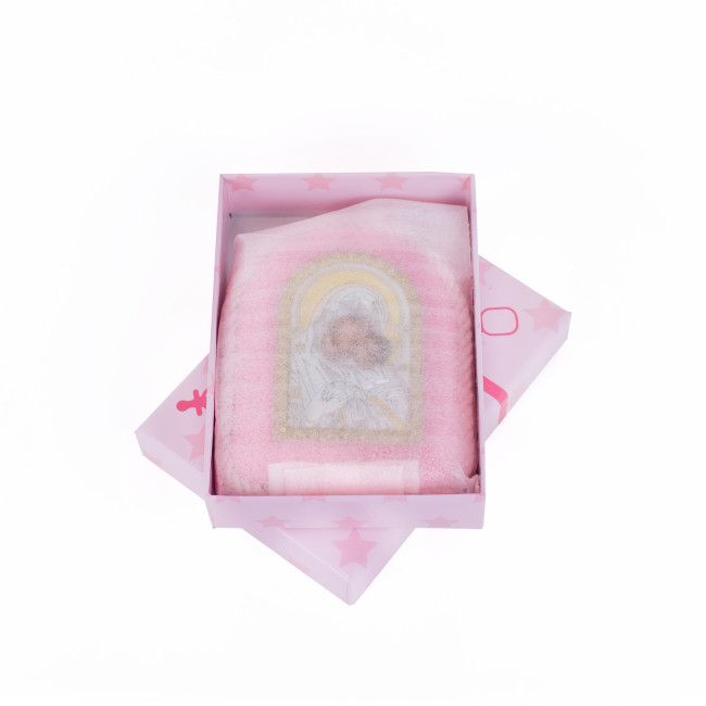 Детская Иконка на розовой подушечке  Божья Матерь Умиление Сладкое Целование 8х10см в серебре