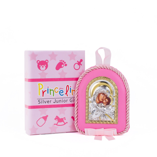 Детская Иконка на розовой подушечке  Божья Матерь Умиление Сладкое Целование 8х10см в серебре