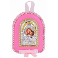 Дитяча Іконка на рожевій подушечці Божа Матір Розчулення Солодке Цілування 8х10см у сріблі