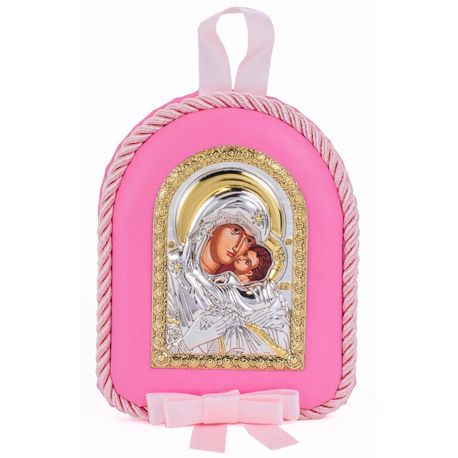 Детская Иконка на розовой подушечке  Божья Матерь Умиление Сладкое Целование 8х10см в серебре