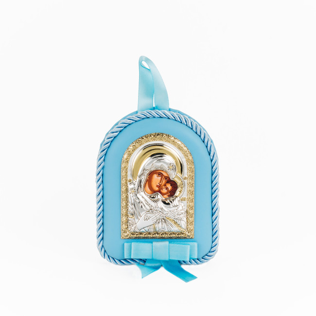 Детская Иконка на синей подушечке  Божья Матерь Умиление Сладкое Целование 8х10см в серебре