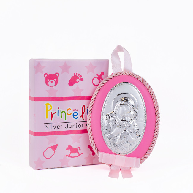 Детская Иконка на розовой подушечке  Божья Матерь Умиление Сладкое Целование 8х11см в серебре