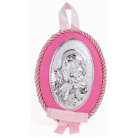 Детская Иконка на розовой подушечке  Божья Матерь Умиление Сладкое Целование 8х11см в серебре