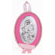 Детская Иконка на розовой подушечке  Божья Матерь Умиление Сладкое Целование 8х11см в серебре