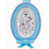 Детская Иконка на синей подушечке Божья Матерь Отрады и Утешение 8х11см в серебре