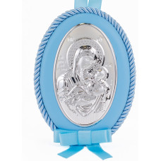 Детская Иконка на синей подушечке Божья Матерь Отрады и Утешение 8х11см в серебре