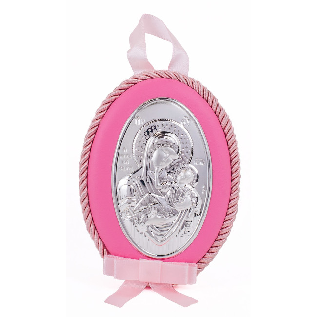 Дитяча Іконка на рожевій подушечці Божа Матір Розрада та Втіха 8х11см