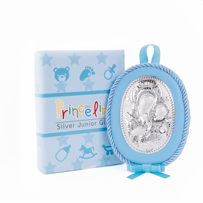 Дитяча Іконка на синій подушечці Божа Матір Віфлеємська 10х12,5см у сріблі