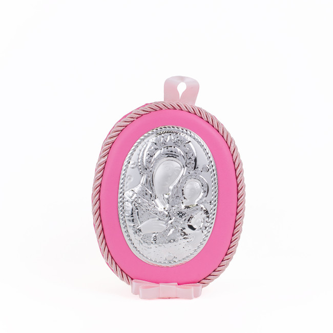 Детская Иконка на розовой подушечке  Божья Матерь Вифлеемская 10х12,5см в серебре