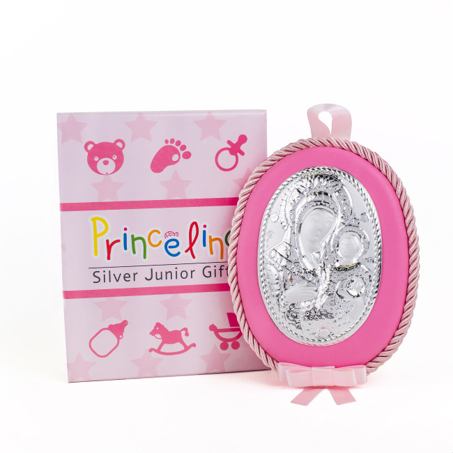 Детская Иконка на розовой подушечке  Божья Матерь Вифлеемская 10х12,5см в серебре