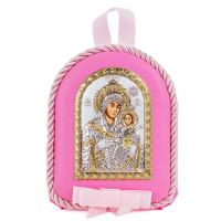 Детская Иконка на розовой подушечке Вифлеемская Божья Матерь 7х9см в серебре