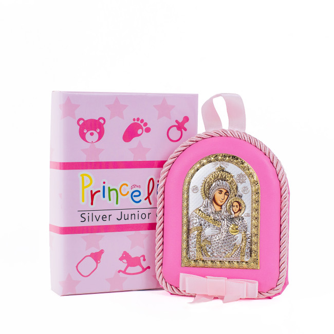 Детская Иконка на розовой подушечке Вифлеемская Божья Матерь 8х10см в серебре