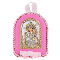 Детская Иконка на розовой подушечке Вифлеемская Божья Матерь 8х10см в серебре