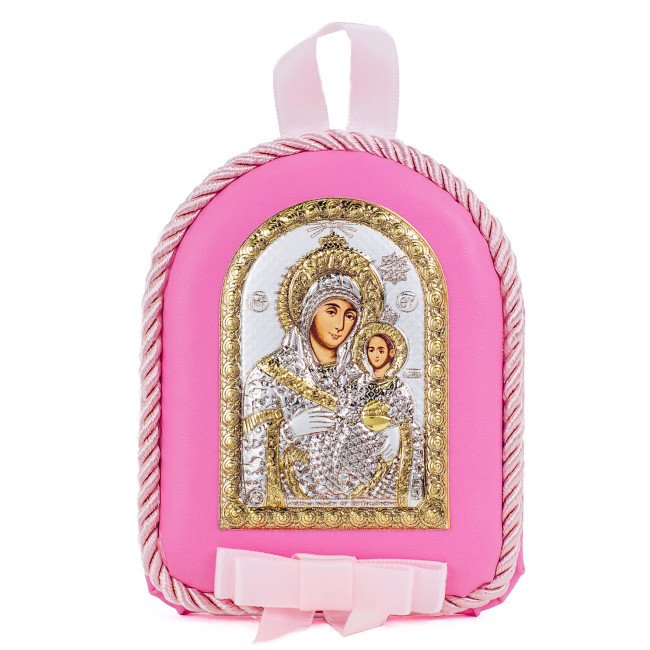 Детская Иконка на розовой подушечке Вифлеемская Божья Матерь 8х10см в серебре