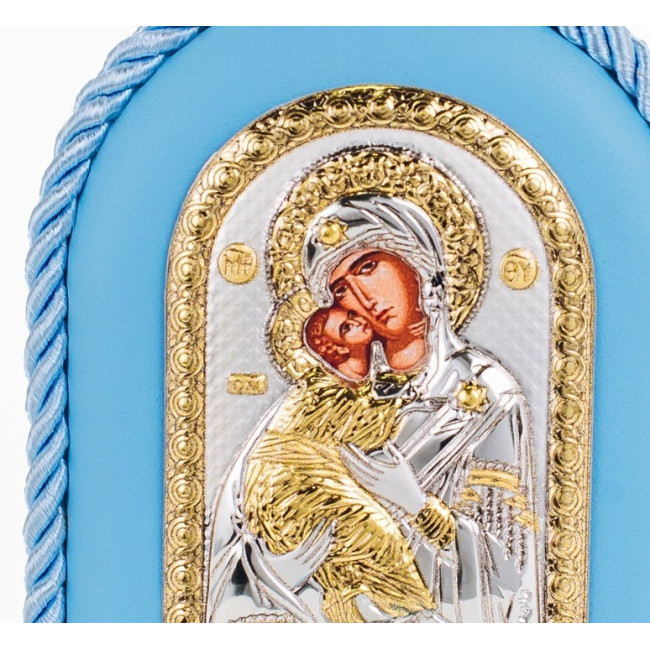 Серебряная детская иконка Владимирская Божья Матерь 8х10см на синей подушечке