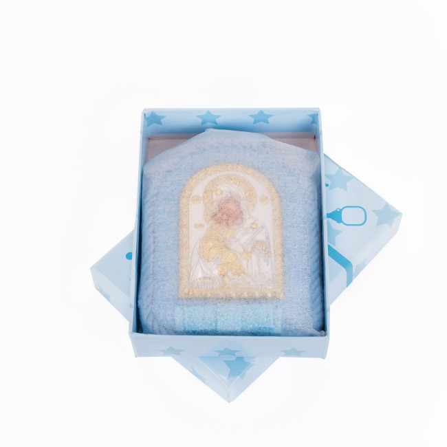 Серебряная детская иконка Владимирская Божья Матерь 8х10см на синей подушечке