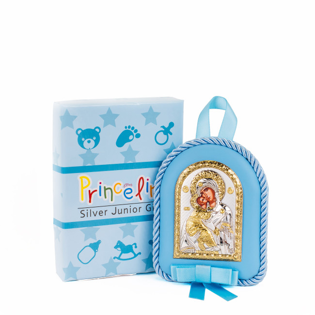 Серебряная детская иконка Владимирская Божья Матерь 8х10см на синей подушечке