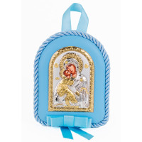 Серебряная детская иконка Владимирская Божья Матерь 8х10см на синей подушечке