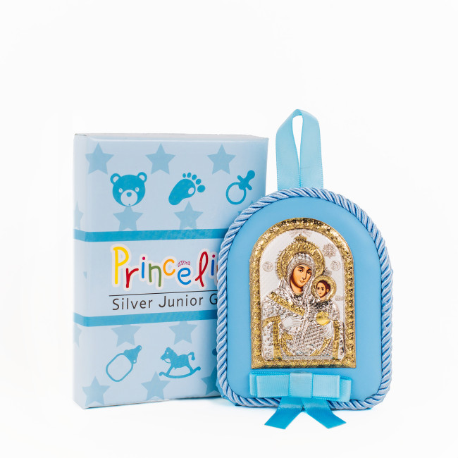 Срібна дитяча іконка Єрусалимська Божа Матір 7х9см на синій подушечці