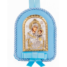 Срібна дитяча іконка Єрусалимська Божа Матір 7х9см на синій подушечці