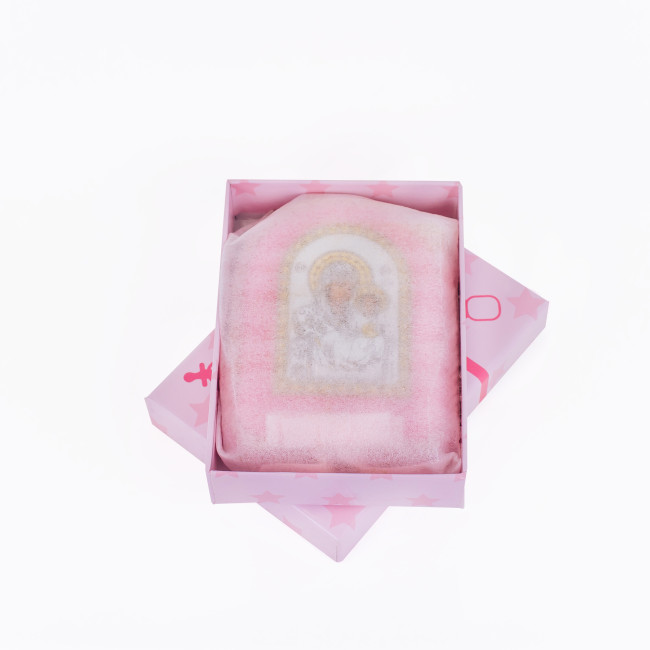 Срібна дитяча іконка Єрусалимська Божа Матір 8х10см на рожевій подушечці для дівчинки