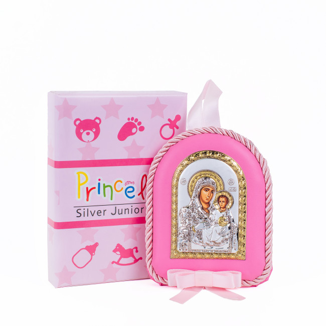 Срібна дитяча іконка Єрусалимська Божа Матір 8х10см на рожевій подушечці для дівчинки