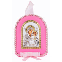 Серебряная детская иконка Иерусалимская Божья Матерь 8х10см на розовой подушечке для девочки