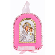 Срібна дитяча іконка Єрусалимська Божа Матір 7х9см на рожевій подушечці для дівчинки