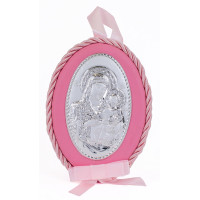 Срібна дитяча іконка Єрусалимська Божа Матір 8х11см на рожевій подушечці для дівчинки