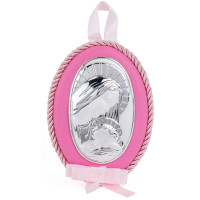 Серебряная детская иконка Мадонна с Младенцем 8х11см на розовой подушечке для девочки