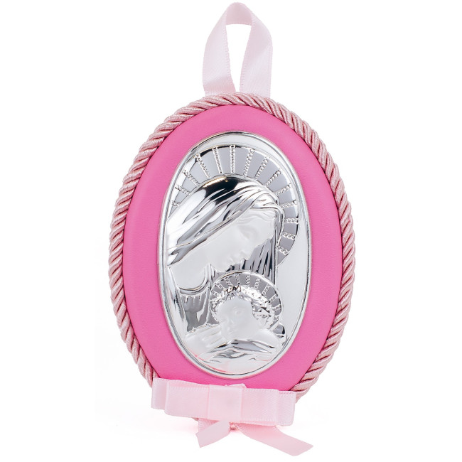 Срібна дитяча іконка Мадонна з Немовлям 8х11см на рожевій подушечці для дівчинки