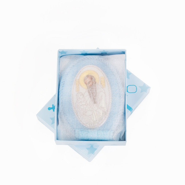 Серебрняная детская иконка Святой Стилиан 8х11 см на синей подушечке для мальчика