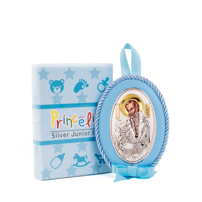 Серебрняная детская иконка Святой Стилиан 8х11 см на синей подушечке для мальчика