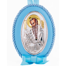 Серебрняная детская иконка Святой Стилиан 8х11 см на синей подушечке для мальчика