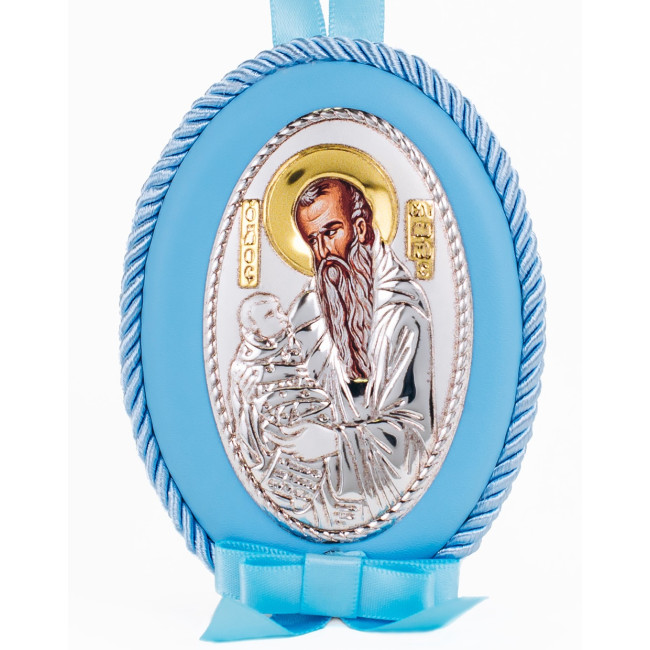 Серебрняная детская иконка Святой Стилиан 8х11 см на синей подушечке для мальчика