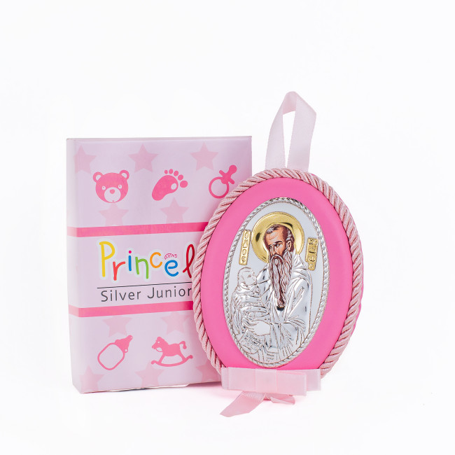 Срібна дитяча іконка Святий Стиліан 8х11 см на рожевій подушечці для дівчинки