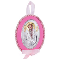 Серебрняная детская иконка Святой Стилиан 8х11 см на розовой подушечке для девочки