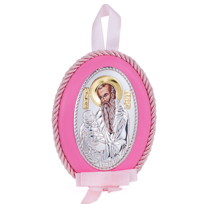 Срібна дитяча іконка Святий Стиліан 8х11 см на рожевій подушечці для дівчинки