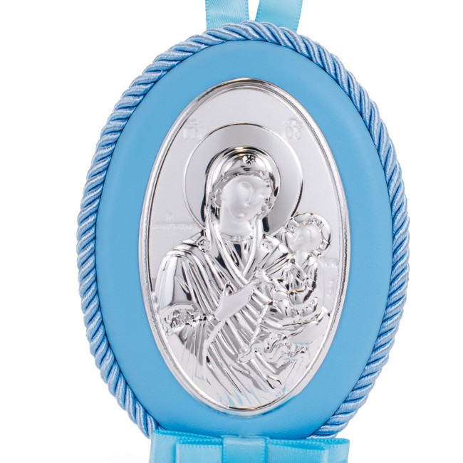 Детская Иконка на синей подушечке Скоропослушница Божия Матерь 8х11см в серебре