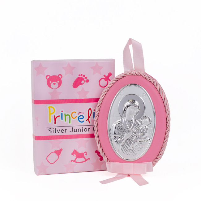 Серебряная детская иконка Скоропослушница Божия Матерь 8х11см на розовой подушечке для девочки